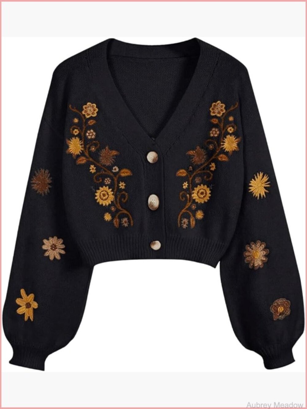 Embroidered V-Neck Button-Down Cropped Cardigan Sweater